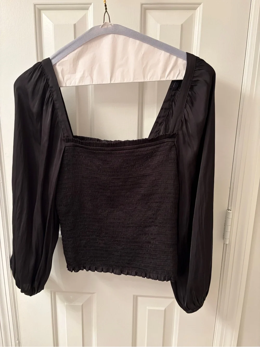 J. Crew Black Square Neck Puff Sleeve Smocked Top